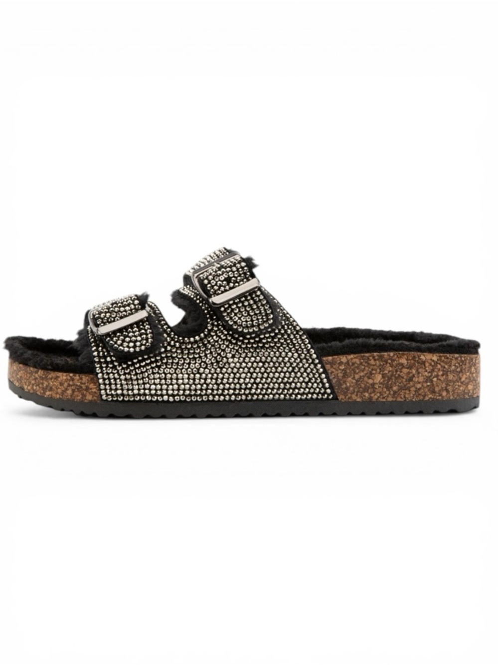 Forever Link Benefit-31 Rhinestone Black Faux-Fur Double-Buckle Slide Sandals ๐ค๐ - Picture 5 of 9
